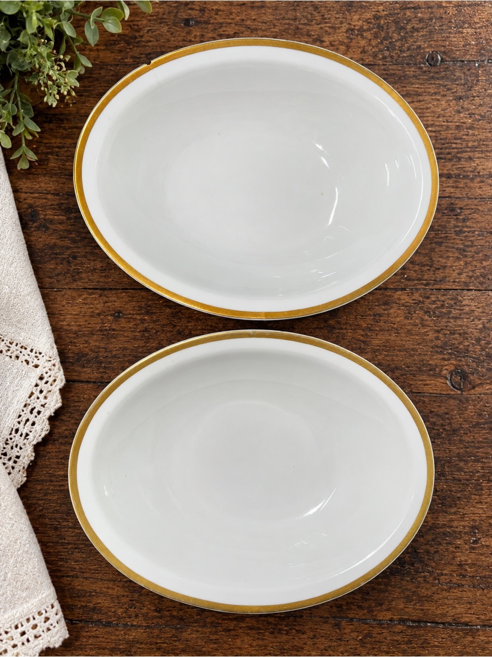 Vintage Bavaria Gold Rim Oval Serving Bowls Set of 2 10” White Porcelain AS IS